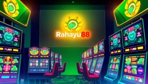 Exciting scene of players enjoying Rahayu88 slot machines in a modern online casino setting.