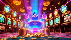 Experience the magic of genie168 with a vibrant casino scene featuring a whimsical genie and slot machines.