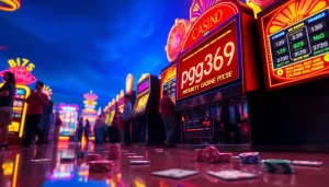 Experience the excitement of a lively casino scene featuring the iconic pgg369 slot machine with vibrant neon lights.