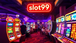 Experience the thrill of slot99 with vibrant slot machines showcasing colorful themes in a lively casino atmosphere.