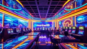 Discover the vibrant atmosphere of marine88's transformative marine-themed casino, accentuated by neon lights and oceanic decor.