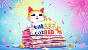 A joyful cat888 character lounging on lottery tickets surrounded by colorful confetti and fireworks.