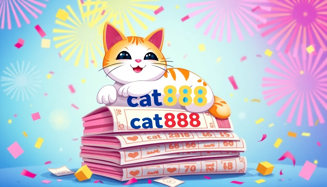 A joyful cat888 character lounging on lottery tickets surrounded by colorful confetti and fireworks.