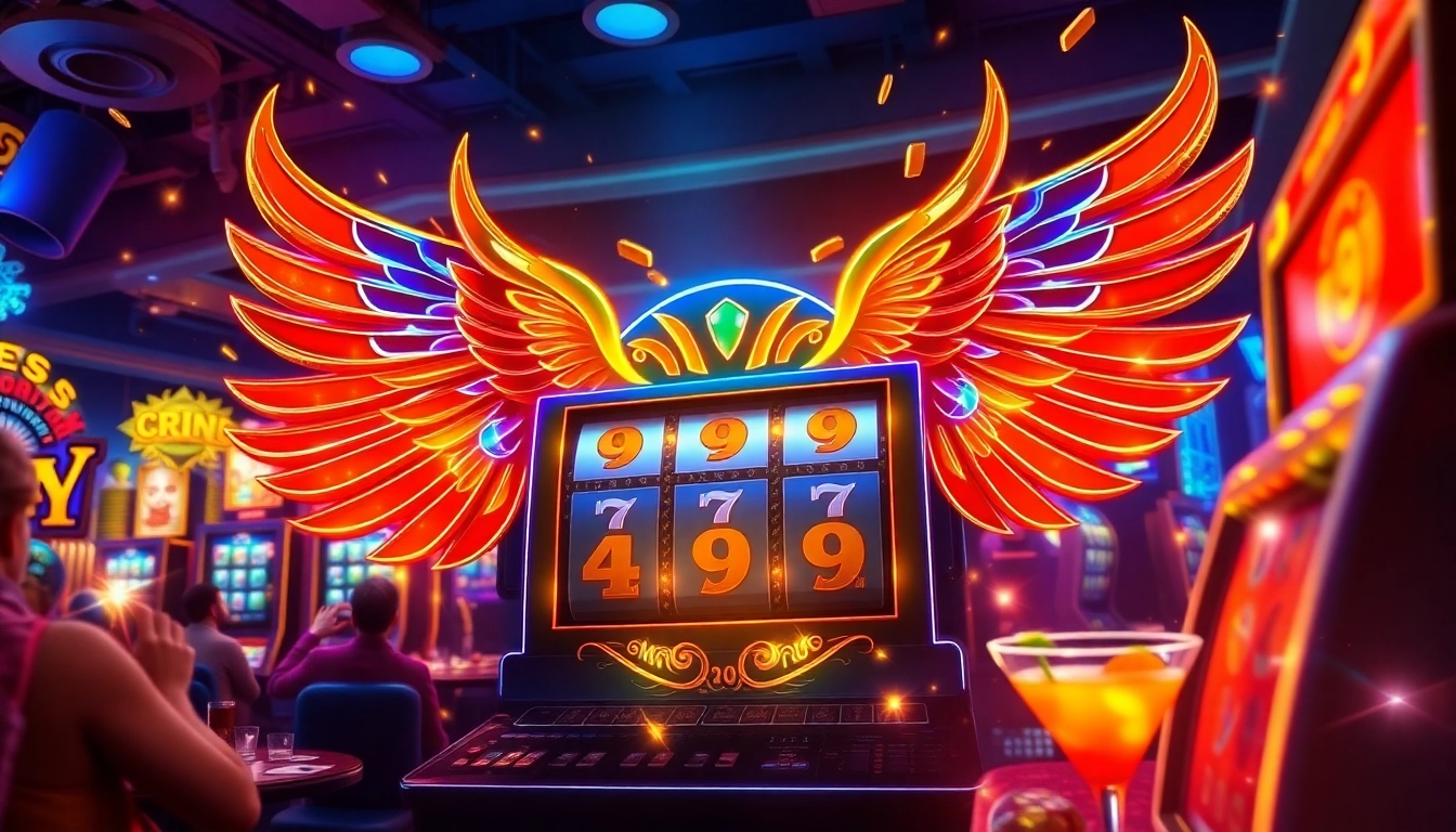 Explore the thrilling gameplay at wings789, showcasing vibrant slot machines and excited players.