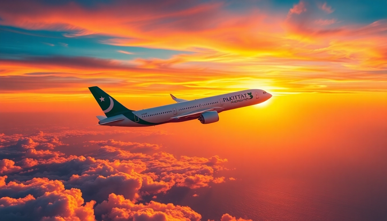 Capture the vibrant sunset behind PK789, a Pakistan International Airlines flight, soaring above stunning landscapes.