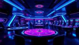 Experience the thrill of dark168 with vibrant gaming tables and neon highlights in a modern online casino.