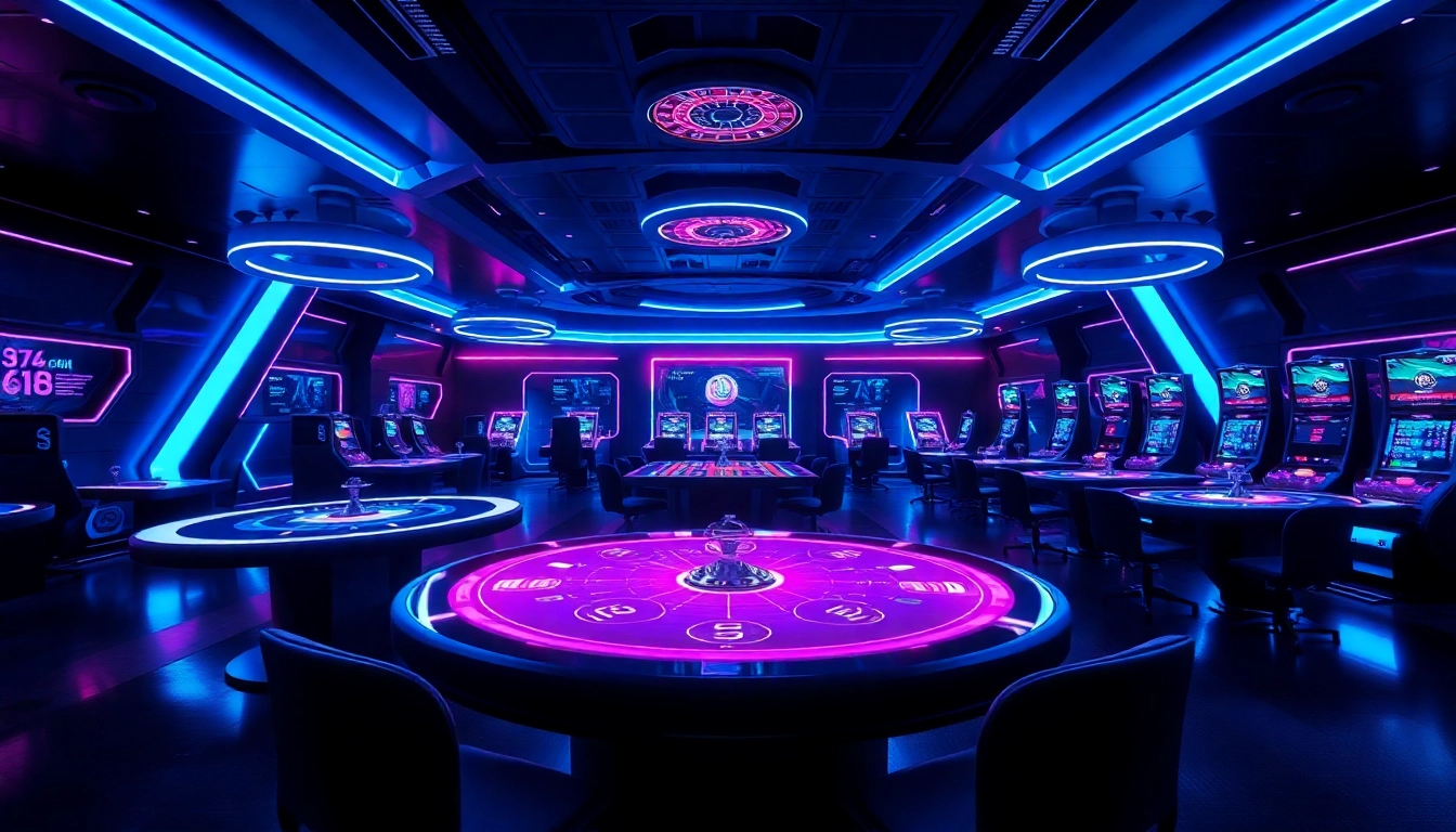 Experience the thrill of dark168 with vibrant gaming tables and neon highlights in a modern online casino.