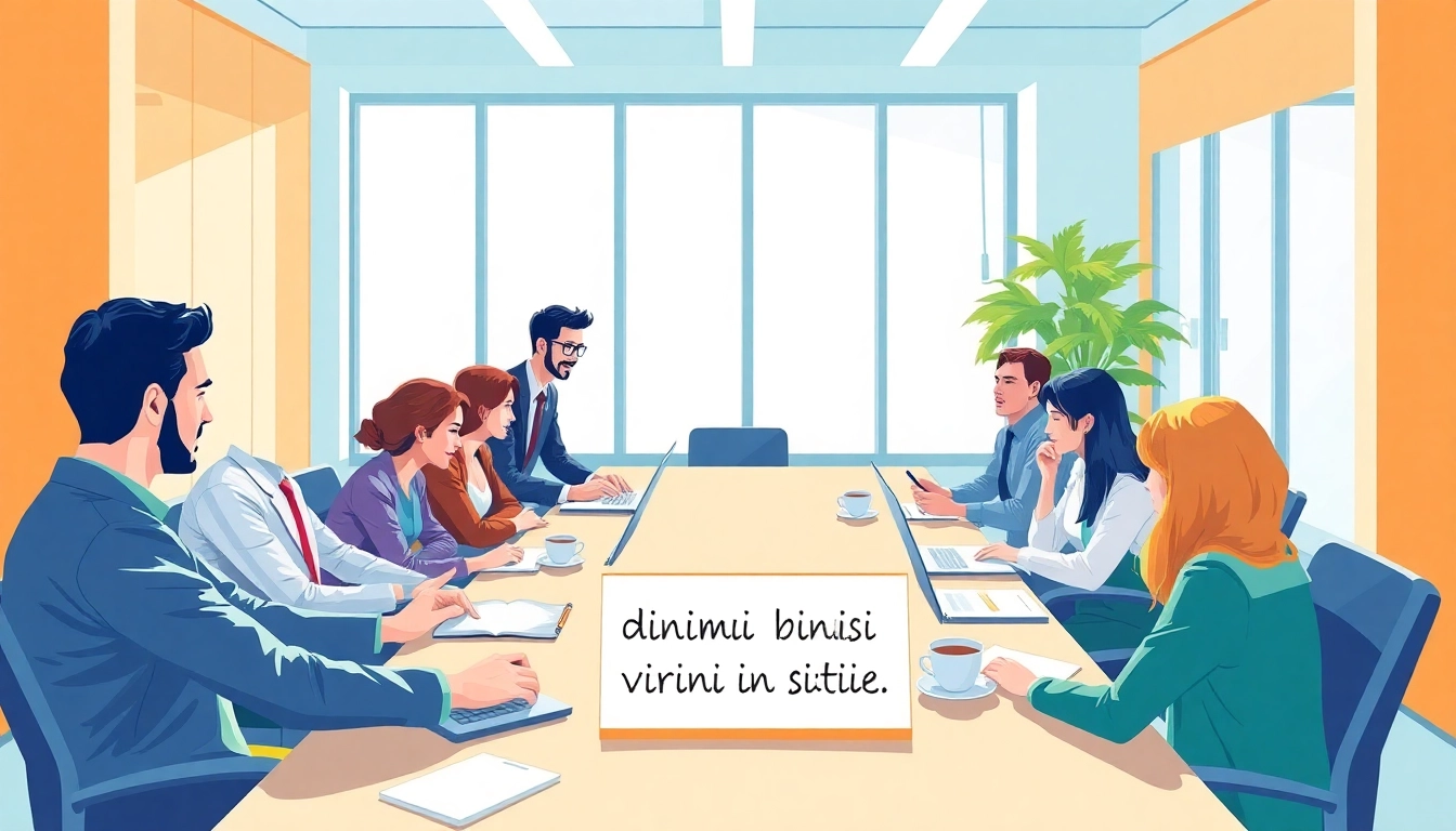 Business professionals collaborating in a meeting discussing "dinimi binisi virin sitilir" strategies, showcasing teamwork and communication.