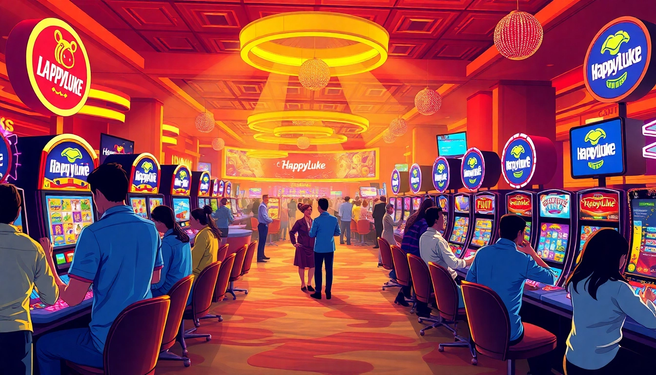 Experience the enthusiastic gaming atmosphere at happyluke with vibrant casino games and players.