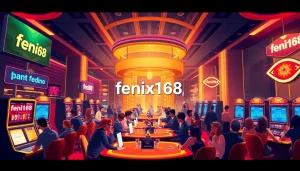 Experience the vibrant atmosphere of fenix168's futuristic casino environment with players enjoying games.