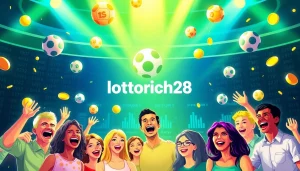 Celebrate your jackpot with lottorich28's exciting lottery atmosphere full of vibrant colors and happy winners.