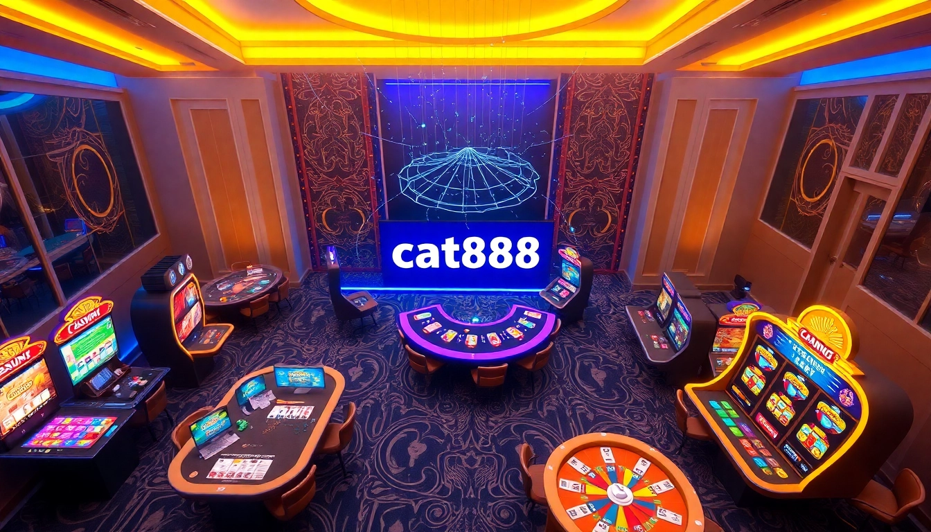 Discover the vibrant atmosphere of cat888's online gaming landscape, showcasing thrilling games and lottery excitement.