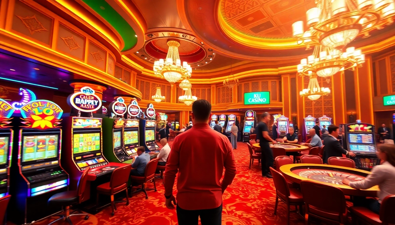 Experience the excitement at Ku Casino with players engrossed in thrilling games under vibrant lighting and opulent decor.