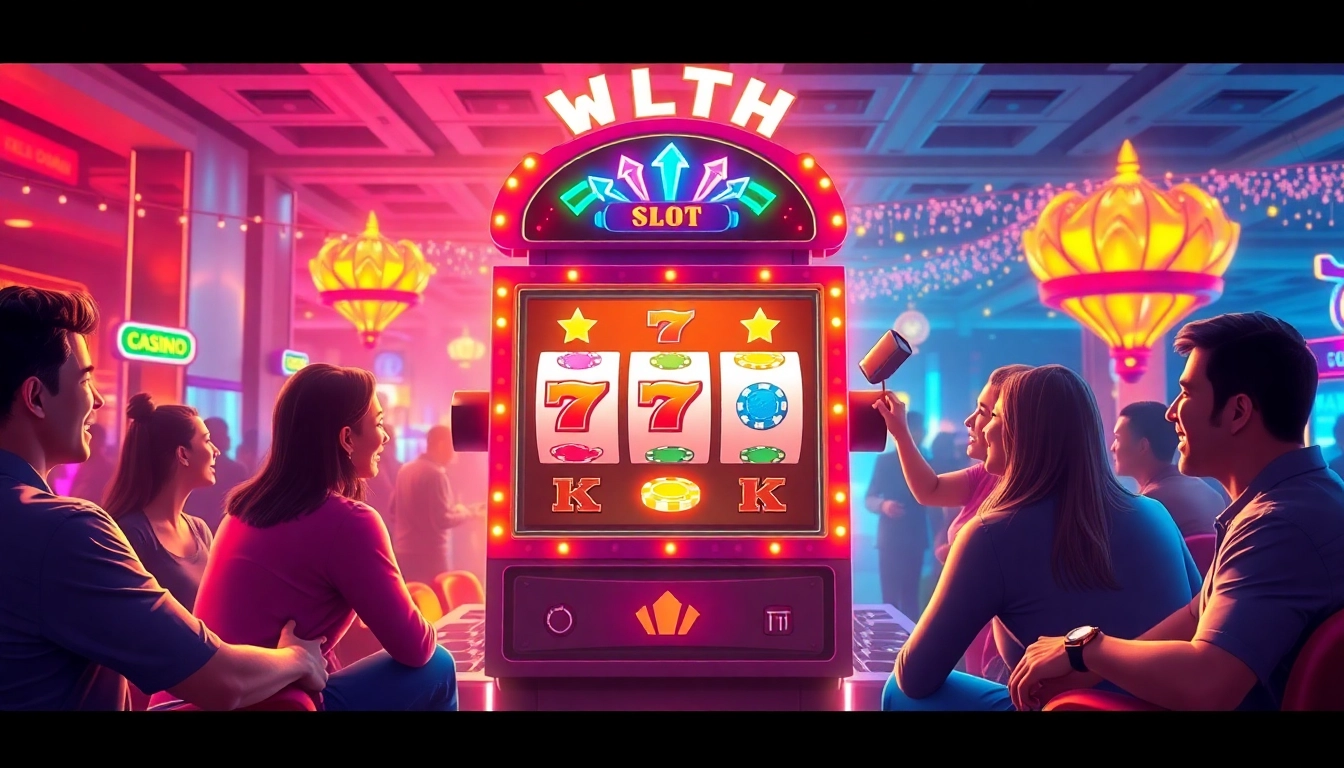 Engage with the exciting world of ทดลองเล่นสล็อต at a vibrant casino setting with colorful machines.