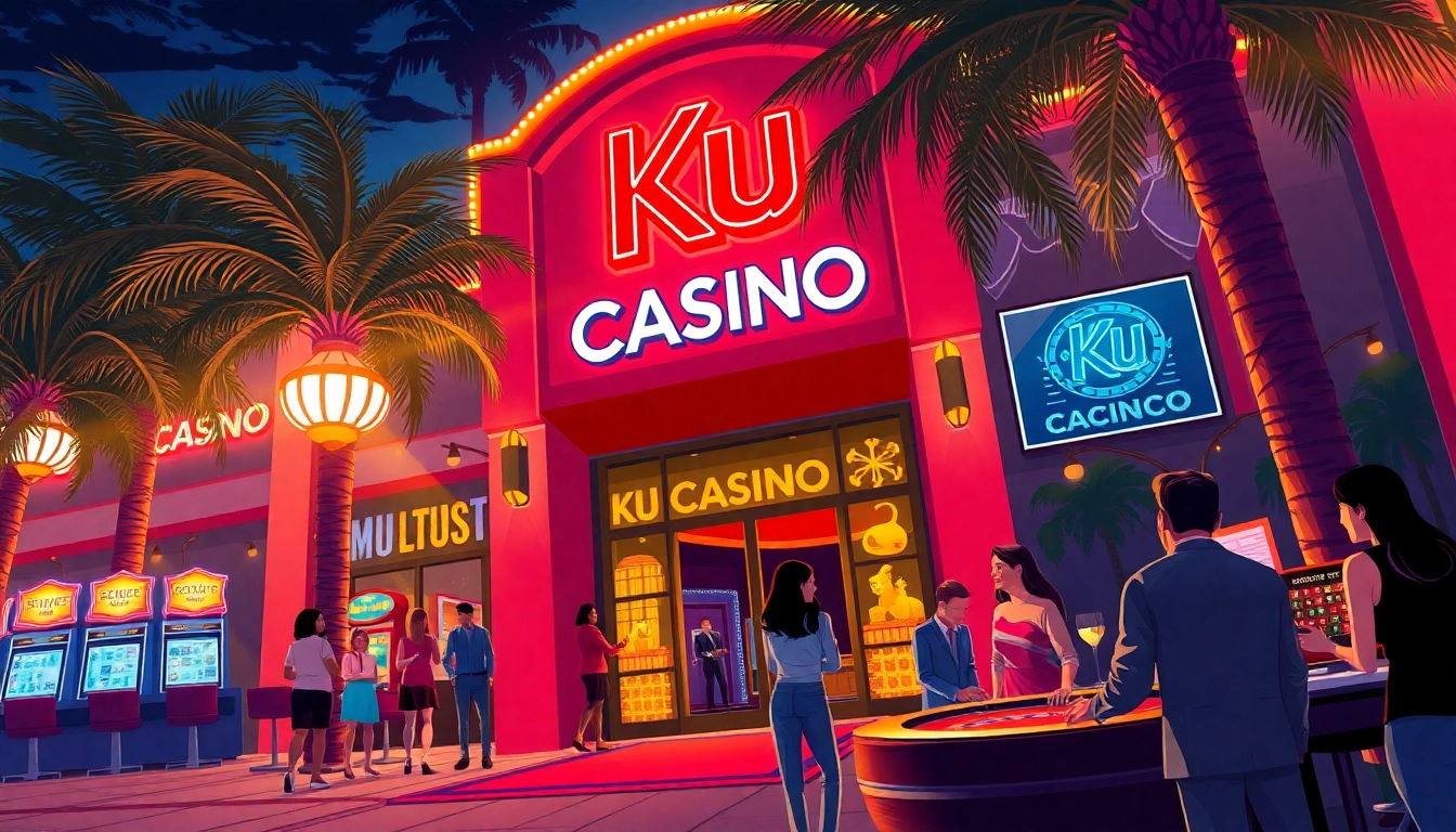 Experience the excitement at Ku Casino with vibrant palms and neon lights.