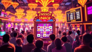 Exciting JINSLOT machine surrounded by joyful players in a vibrant casino.