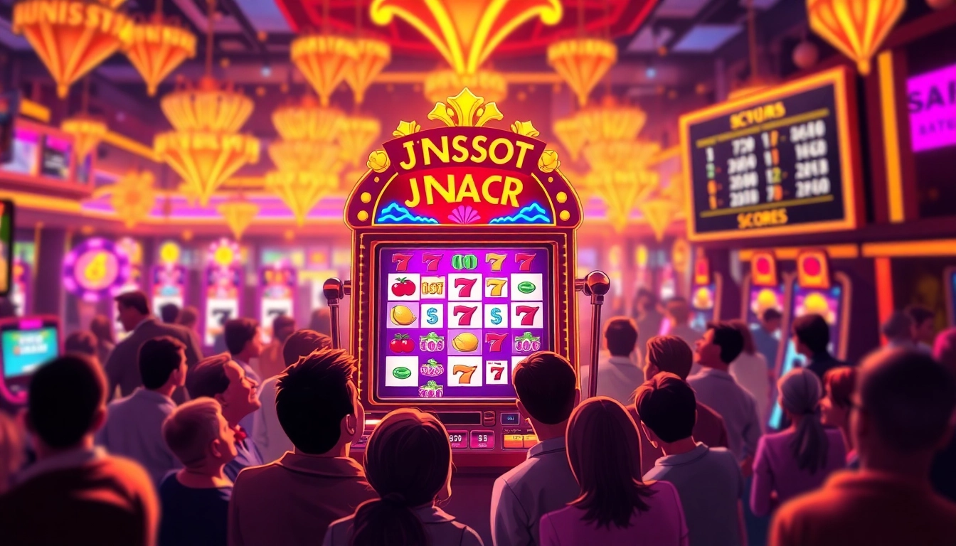 Exciting JINSLOT machine surrounded by joyful players in a vibrant casino.