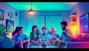 Vibrantly illustrate the engaging sports betting atmosphere at https://69vn38.com/, showing enthusiastic players in a modern home.