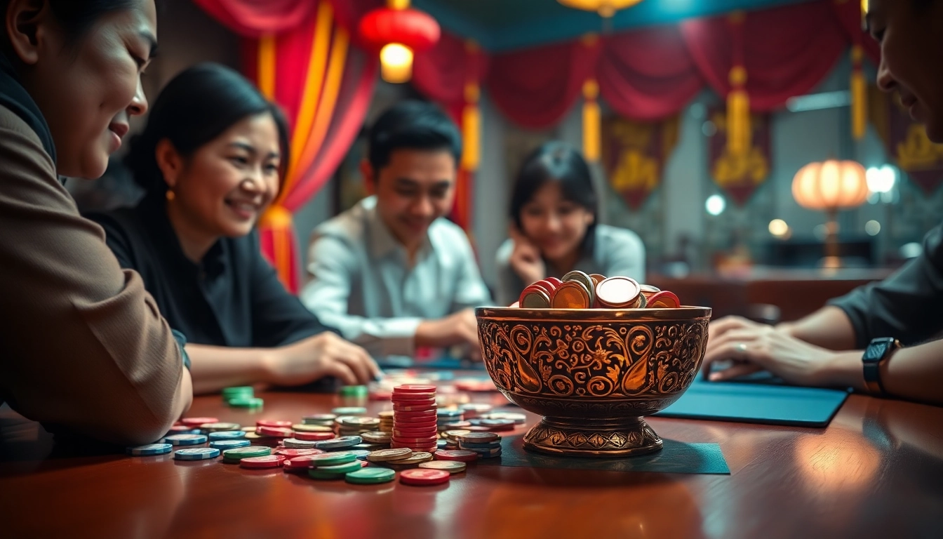 Players enjoying an exciting game of xóc đĩa, showcasing colorful betting chips and coins.