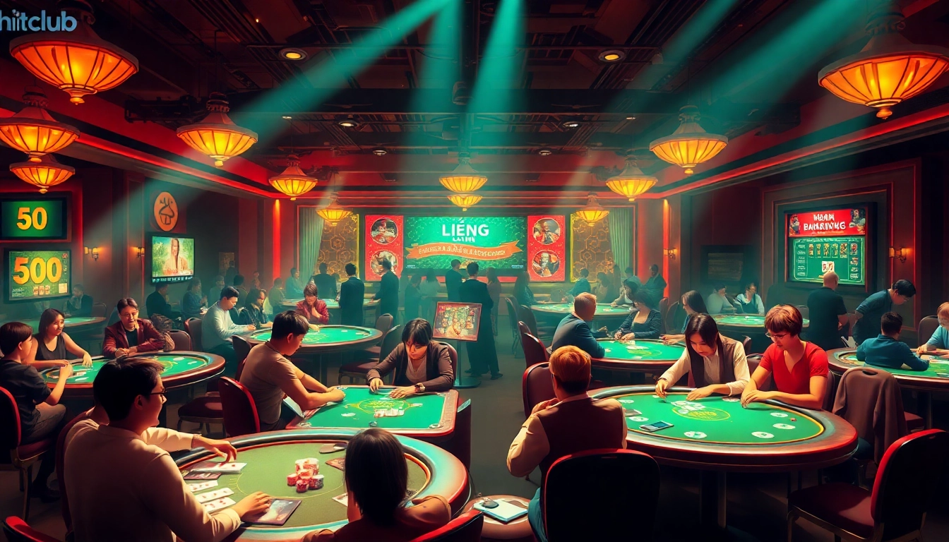 Explore thrilling gameplay at cổng game hitclub, showcasing players in an exciting casino atmosphere with vibrant card games.