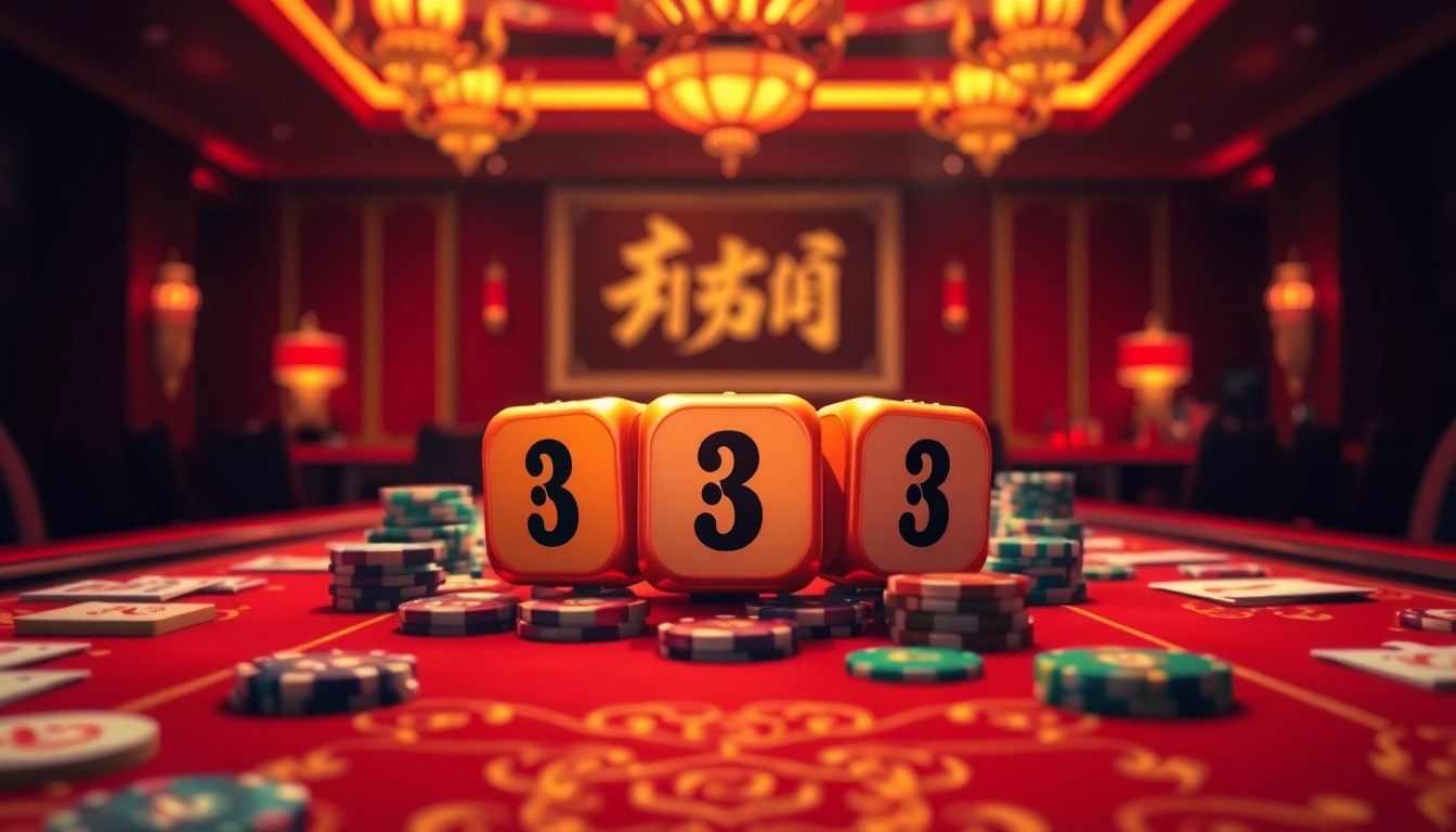 Experience the excitement of Tài Xỉu online with colorful dice and vibrant casino setting.