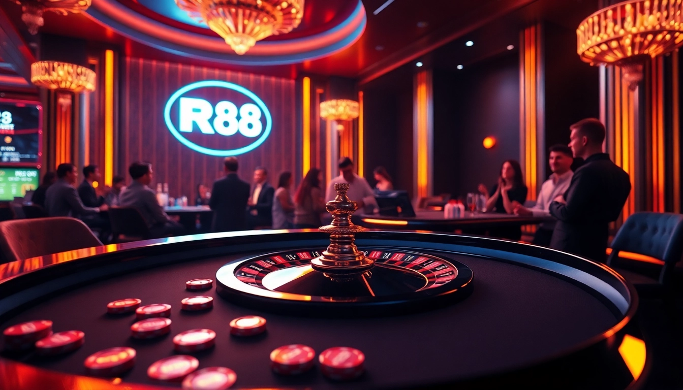 Excited players at the RR88 roulette table in a vibrant casino atmosphere.