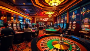 A lively casino scene showcasing players engaged in high-stakes gambling activities at https://bongdalufuni.com/ featuring roulette and blackjack tables.