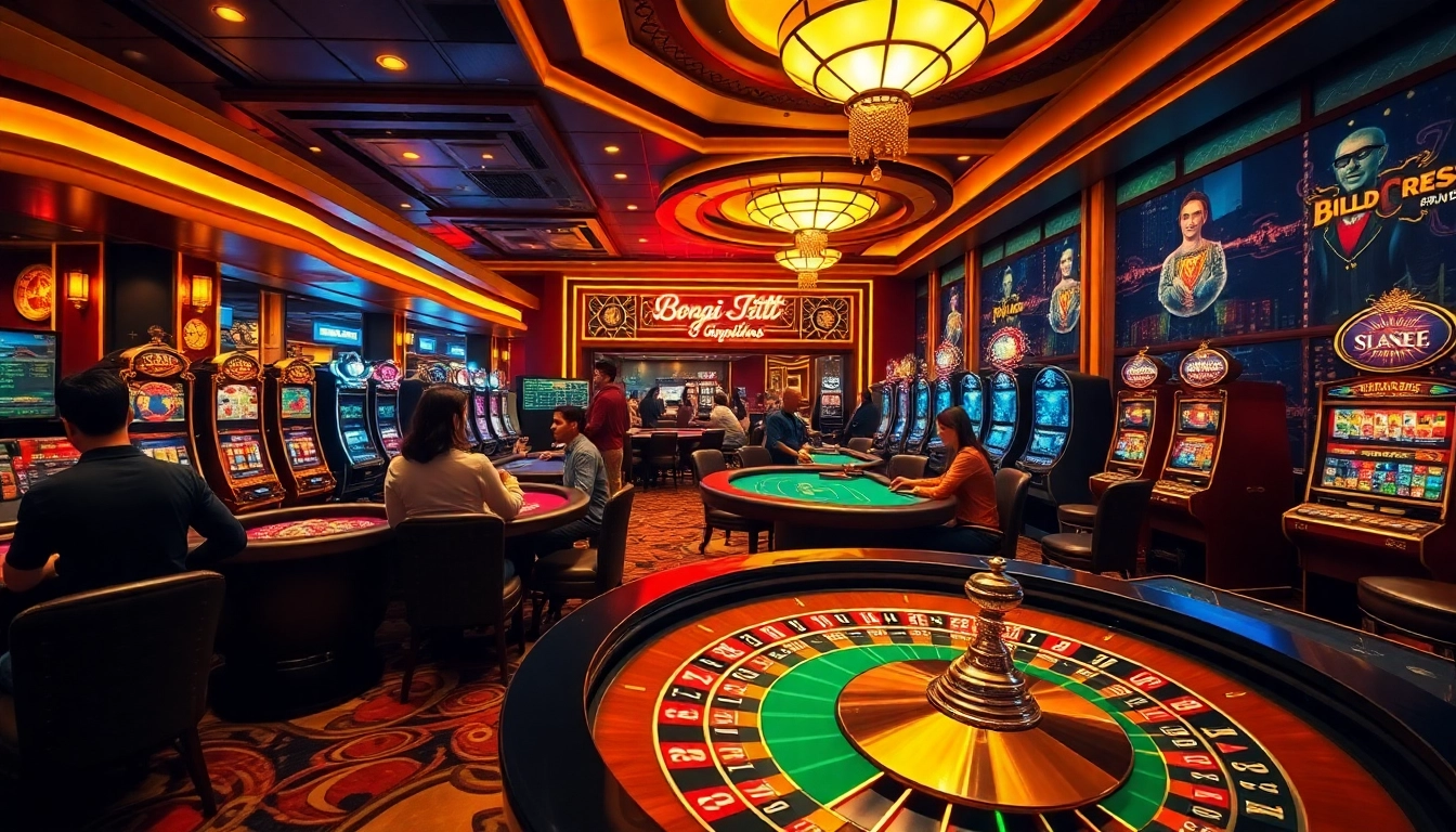 A lively casino scene showcasing players engaged in high-stakes gambling activities at https://bongdalufuni.com/ featuring roulette and blackjack tables.