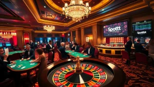 Spotbet players enjoying their time at a lively poker table in a luxurious casino setting with vibrant colors.
