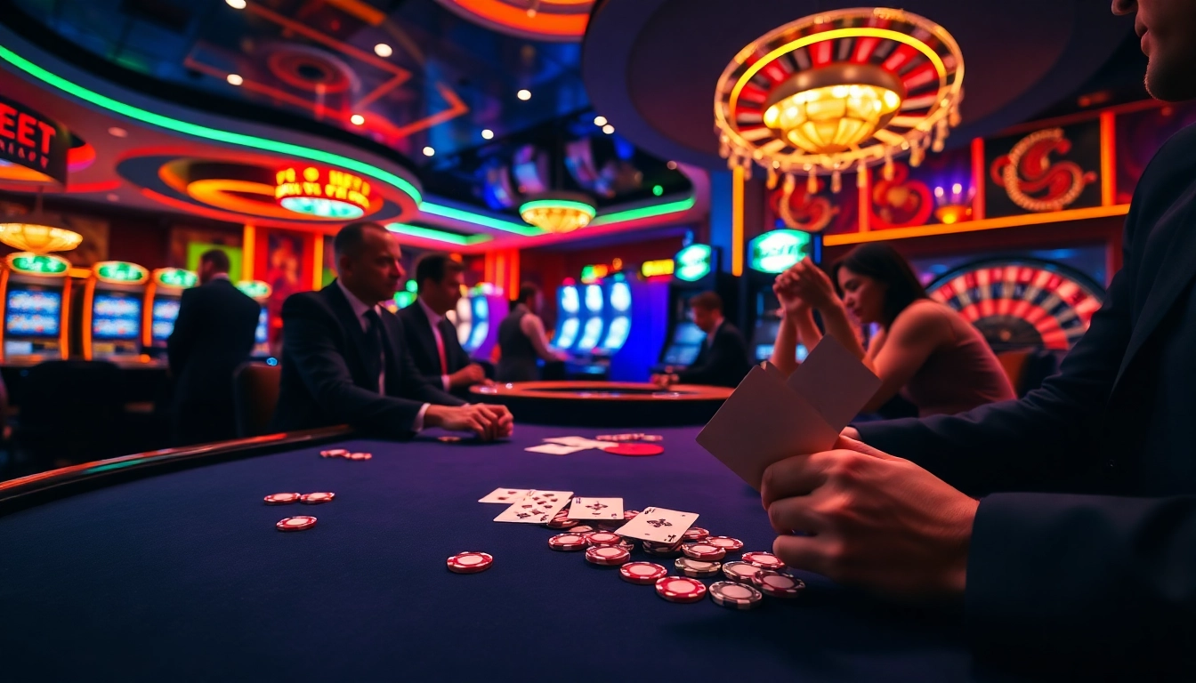 Debet stakes rising at a poker table amidst vibrant casino lights.