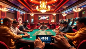Players in a thrilling poker game at a luxurious casino showcasing HB88 in their betting strategy.