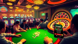 Experience the thrill of gambling at VU88's casino, with players at blackjack tables surrounded by slot machines and roulette wheels.