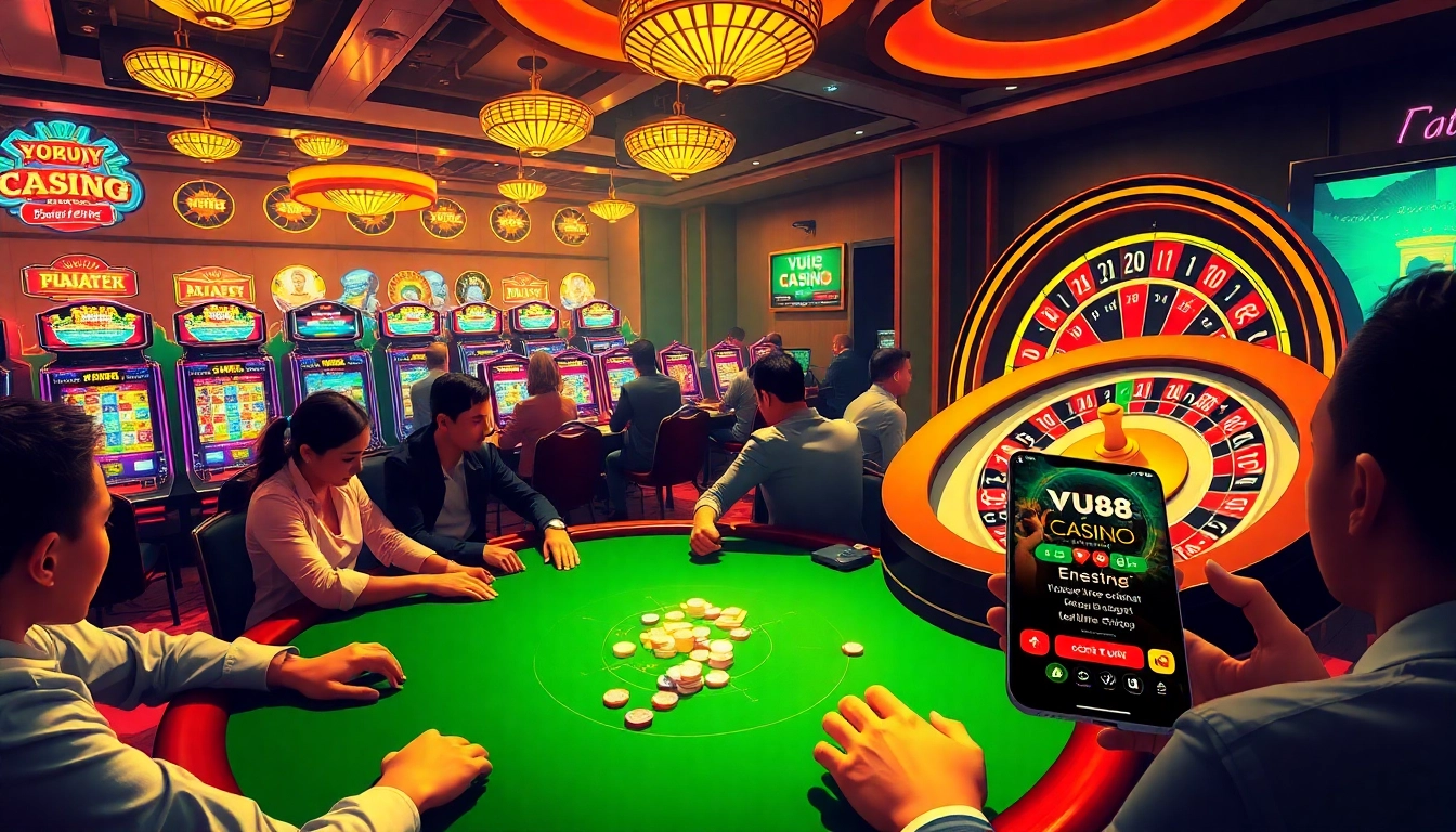 Experience the thrill of gambling at VU88's casino, with players at blackjack tables surrounded by slot machines and roulette wheels.
