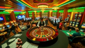 Experience the thrill of casino gaming at BET88 COM with players enjoying roulette and slot machines in a vibrant atmosphere.