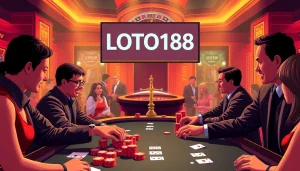 Experience the excitement of LOTO188 with players at a lively poker table in a vibrant casino.