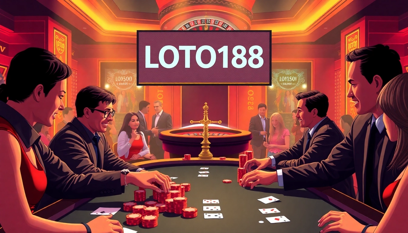 Experience the excitement of LOTO188 with players at a lively poker table in a vibrant casino.