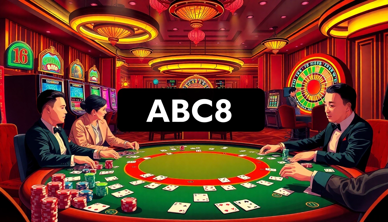 Experience ABC8 at a lavish casino with intense poker games and bright slot machines.