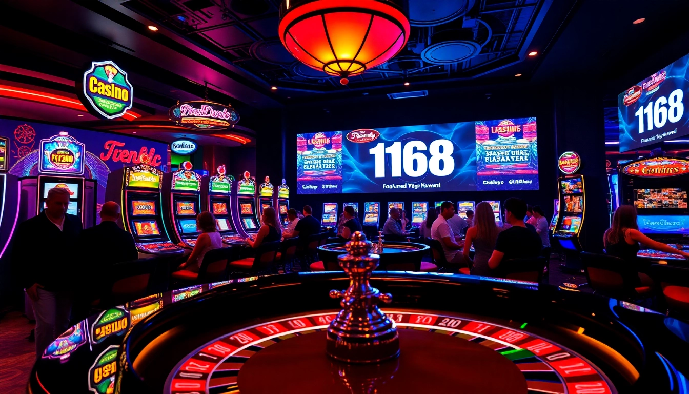 Players enjoying the thrilling atmosphere at F168 Casino, featuring vibrant slot machines and roulette tables.