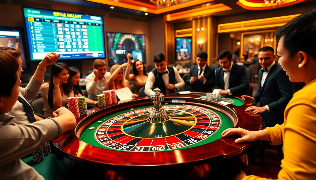 Players excitedly engage at a roulette table in a lively casino while exploring hgo909 daftar for online gaming options.
