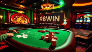 Experience the thrill of winning at 98WIN, featuring a vibrant poker table and stylish roulette wheel in a luxurious casino.