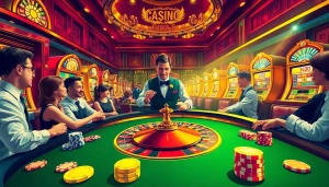 Experience the thrill of game bài v9bet at a luxurious casino, featuring vibrant roulette and slot machines.