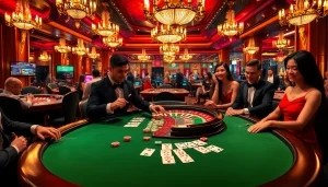 Players enjoying high-stakes games at a luxurious casino, emphasizing bancadoithuong excitement and thrill.