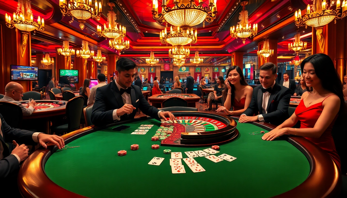 Players enjoying high-stakes games at a luxurious casino, emphasizing bancadoithuong excitement and thrill.