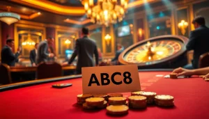 Thrilling casino scene featuring poker with players and ABC8 betting slips.