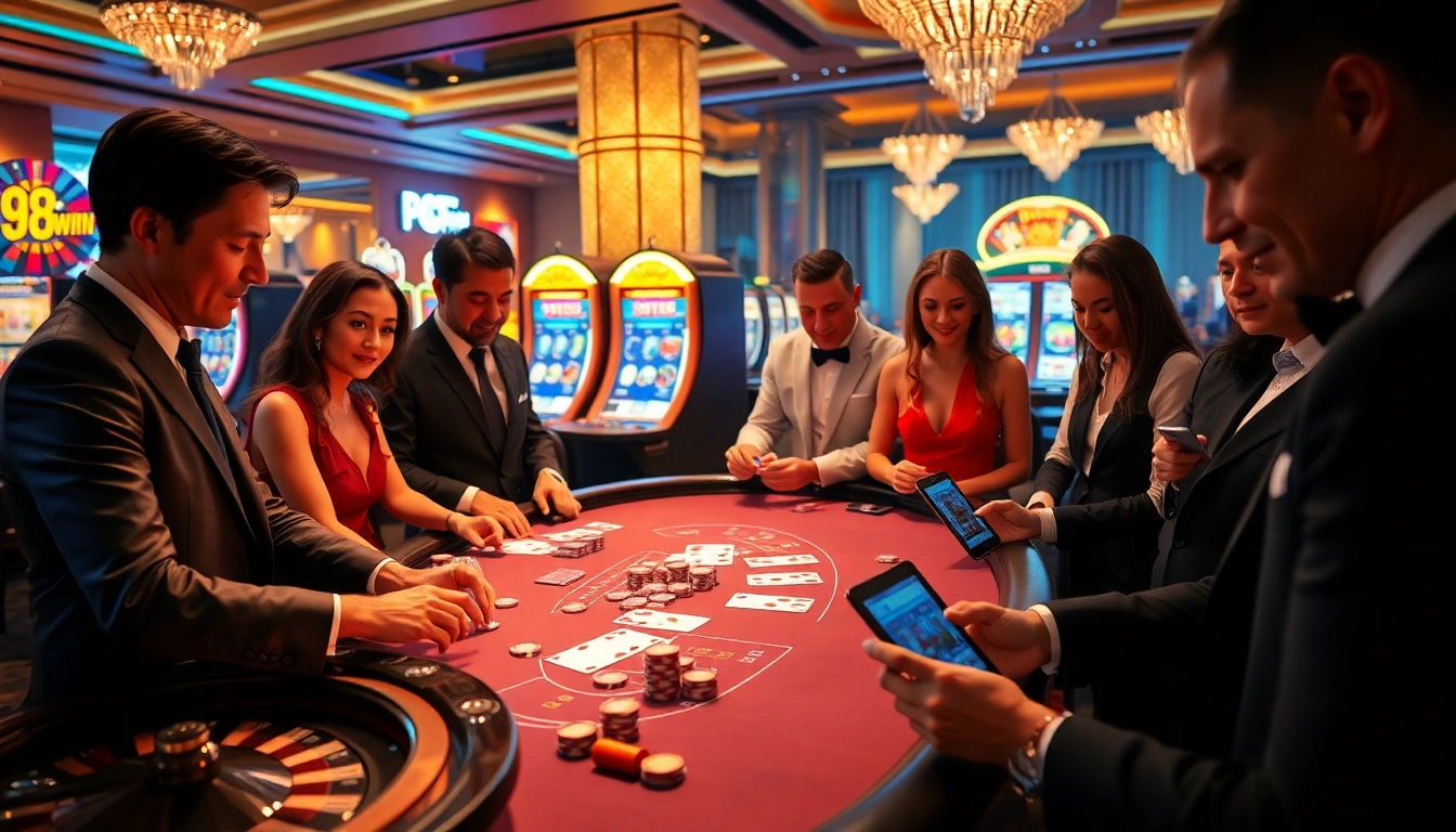 Experience the excitement at 98WIN casino with players enjoying blackjack and roulette.