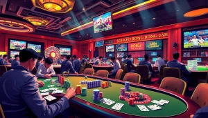Exciting atmosphere of soi kèo bóng đá at a vibrant casino, showcasing players engaged in betting action.