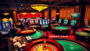 Players enjoying an exciting casino night at https://qh88.adult/, with vibrant tables, dealers, and slot machines.