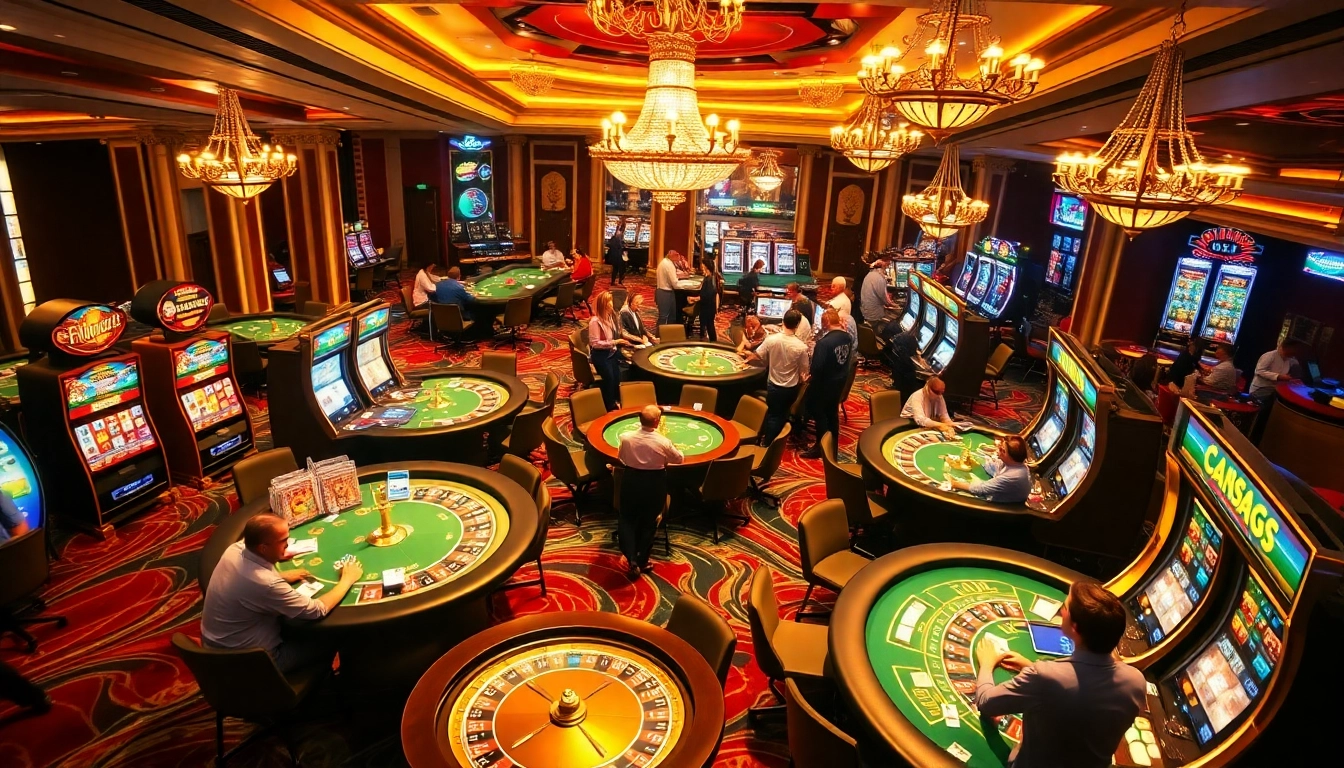 U888 casino scene featuring players at poker tables, vibrant slot machines, and roulette wheels, capturing the thrill of gambling.