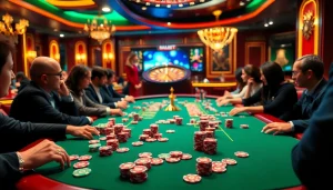 Engage in thrilling poker at https://thabetcom.dev/, showcasing vibrant chips and intense atmosphere.