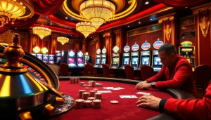 Players strategizing at a high-stakes poker table in a luxurious casino, embracing the thrill of 98WIN gaming.